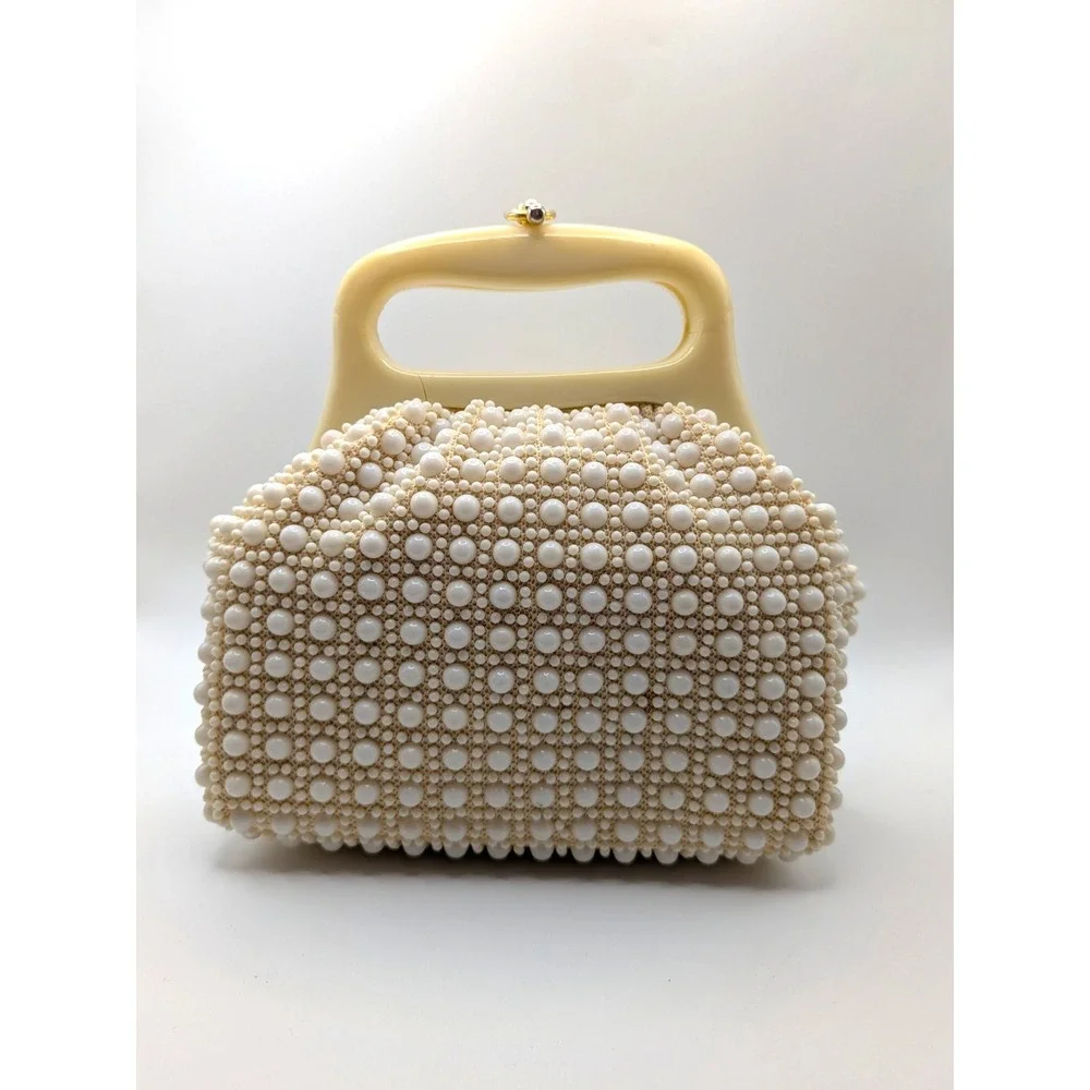 Vintage Handmade Beaded Handbag White Pearl Lucite Handle Kiss Lock Hong Kong